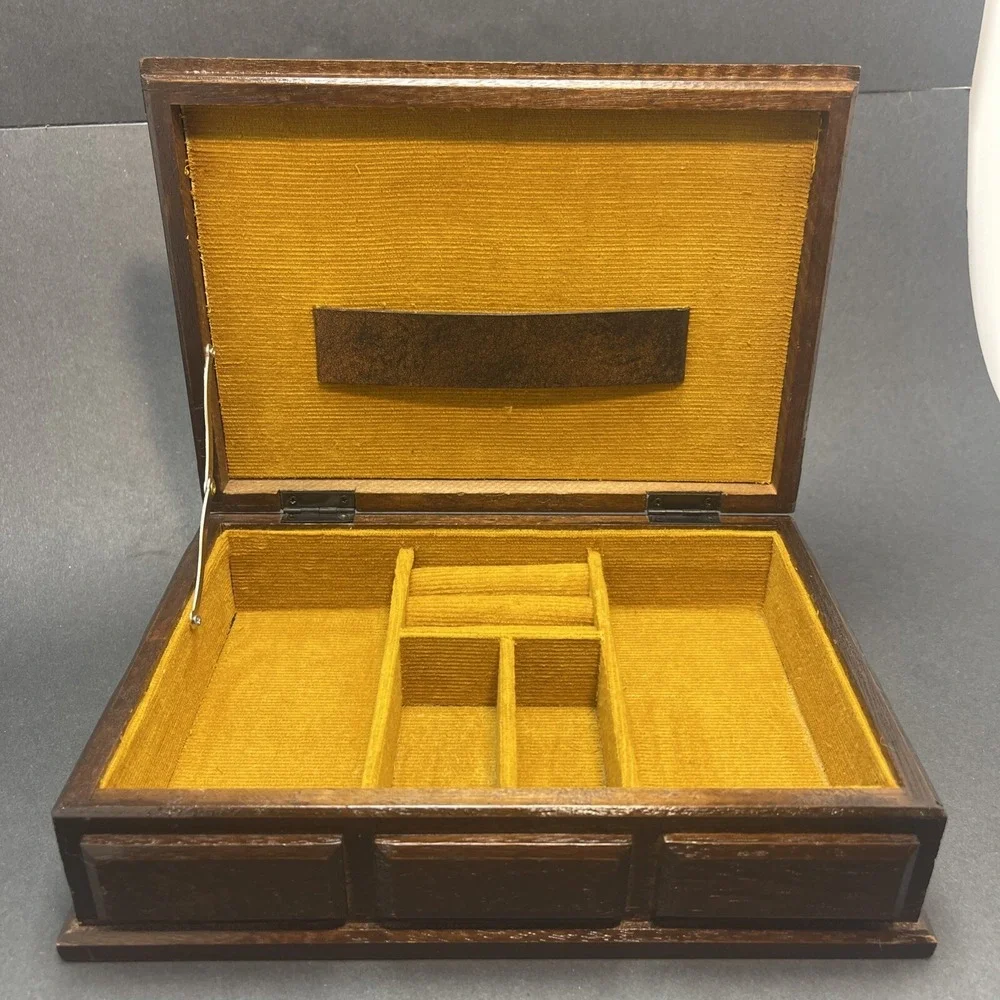 Vintage London Leather Wood & Leather Jewelry Box, Brass Studs Gold Velvet Lined